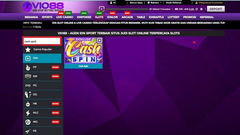 Cara Menemukan Permainan Cash Spin di tampilan Vio88
